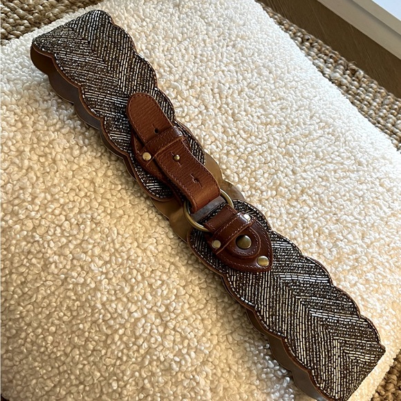 Anthropologie Vintage Brown Leather ,Glass Beaded Scalloped Belt - Picture 3 of 6